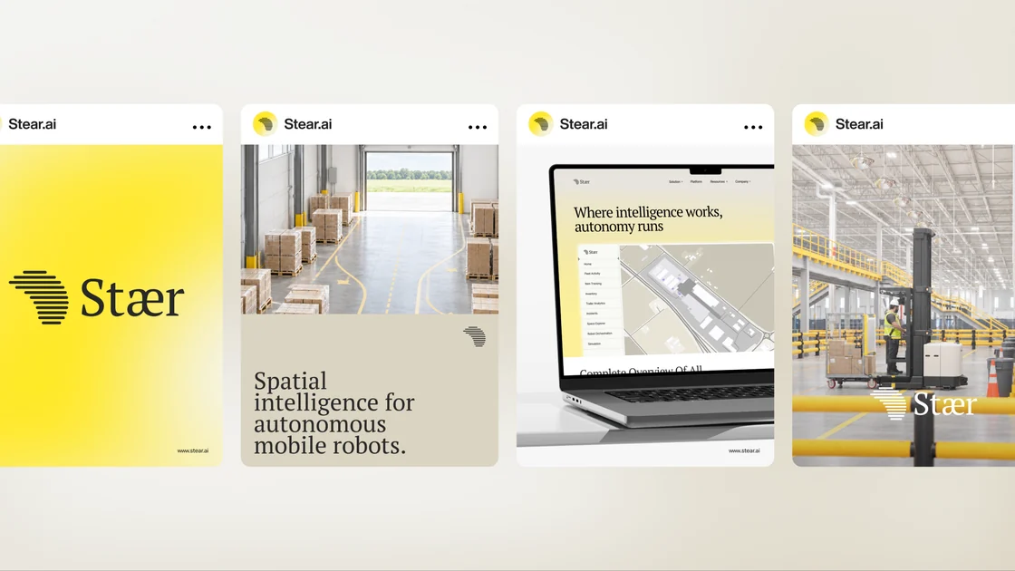 Four social cards in the new system, the mark, a warehouse, the site and a forklift