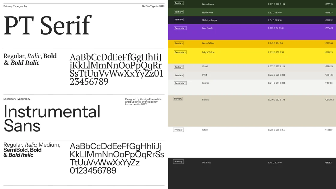 PT Serif and Instrument Sans specimens beside the colour palette
