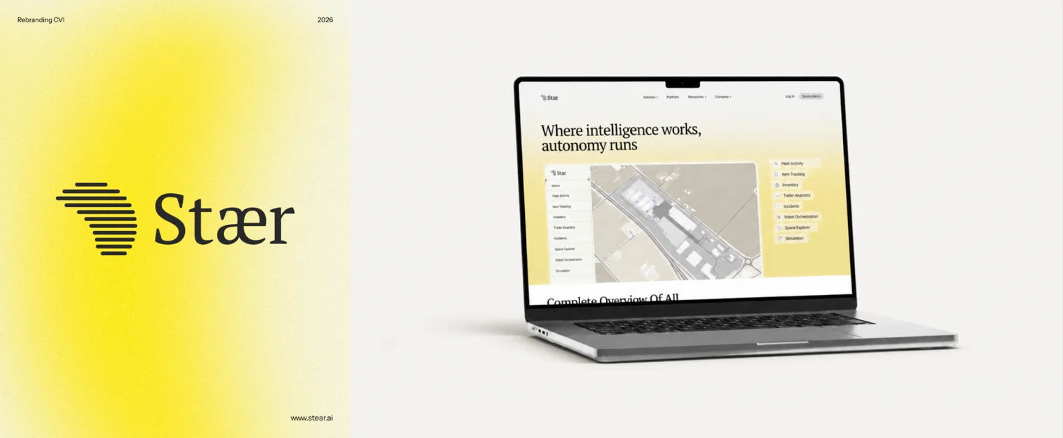 The new Staer mark on a yellow grain gradient, and the website on a laptop