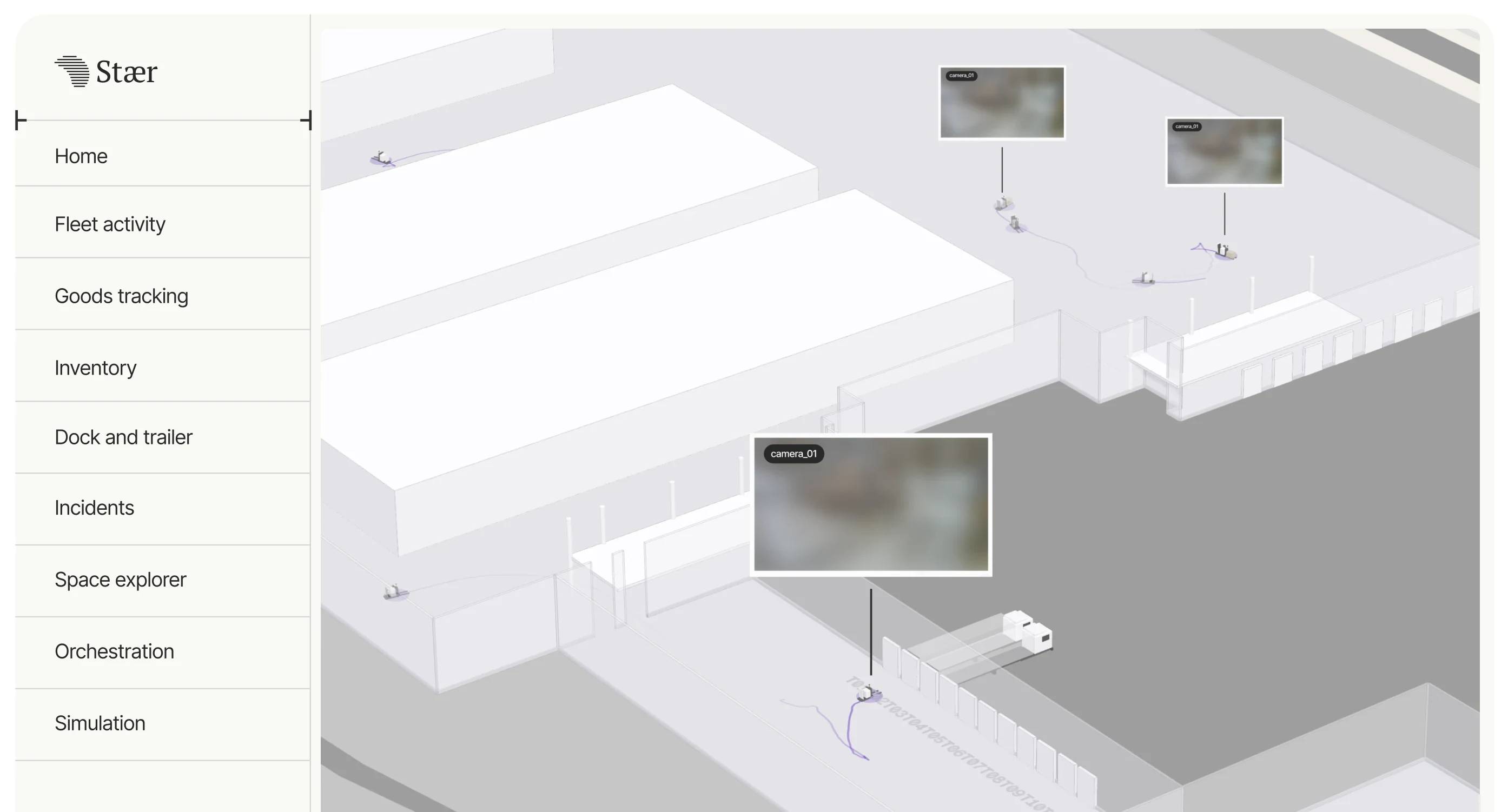 The Staer console: a live map of a warehouse site, with the module navigation